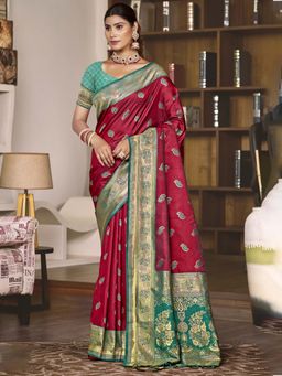 Sangam Prints - Maroon Silk Woven Zari Work Saree with Unstitched Blouse