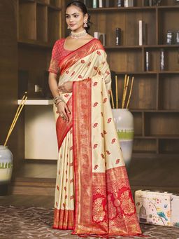 Sangam Prints - Cream Silk Woven Zari Work Saree with Unstitched Blouse
