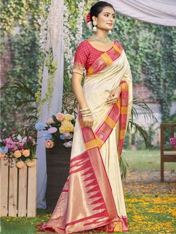 Sangam Prints - Cream Silk Woven Tassels Work Traditional Work Saree with Unstitched Blouse