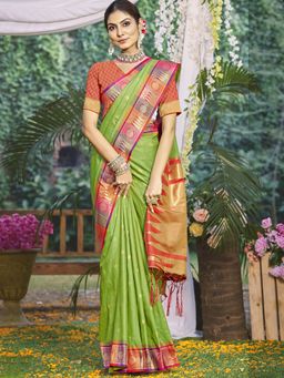Sangam Prints - Light Green Silk Woven Tassels Work Traditional Work Saree with Unstitched Blouse