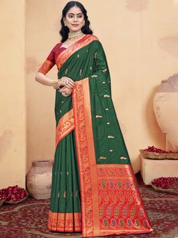 Sangam Prints - Bottle Green Silk Woven Zari Work Traditional Saree with Unstitched Blouse