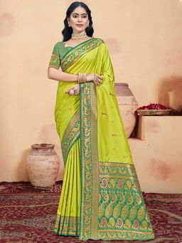 Sangam Prints - Parrot Green Silk Woven Zari Work Traditional Saree with Unstitched Blouse
