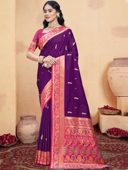 Sangam Prints - Wine Silk Woven Zari Work Traditional Saree with Unstitched Blouse