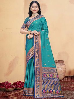 Sangam Prints - Sky Blue Silk Woven Zari Work Traditional Saree with Unstitched Blouse