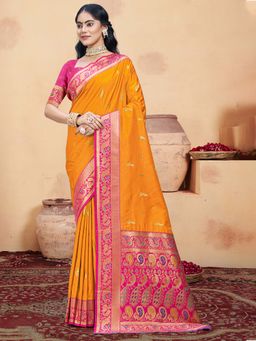 Sangam Prints - Mustard Silk Woven Zari Work Traditional Saree with Unstitched Blouse