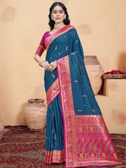 Sangam Prints - Navy Blue Silk Woven Zari Work Traditional Saree with Unstitched Blouse