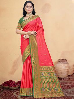 Sangam Prints - Coral Silk Woven Zari Work Traditional Saree with Unstitched Blouse