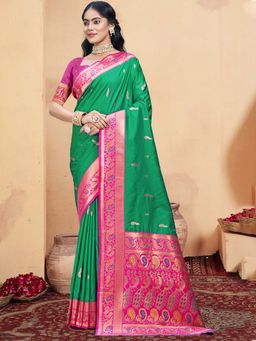 Sangam Prints - Teal Green Silk Woven Zari Work Traditional Saree with Unstitched Blouse