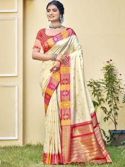 Sangam Prints - Ivory Silk Woven Tassels Work Traditional Saree with Unstitched Blouse