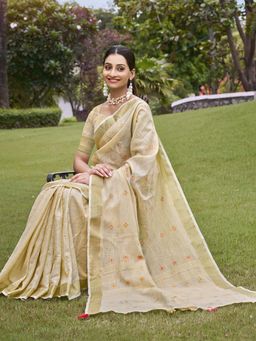 Sangam Prints - Beige Cotton Woven Work Traditional Saree with Unstitched Blouse