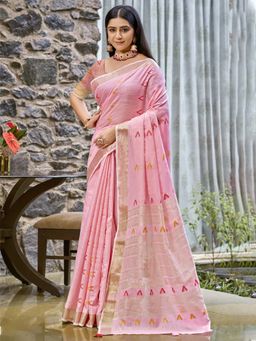 Sangam Prints - Pink Cotton Woven Tassels Work Saree with Unstitched Blouse