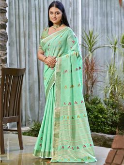 Sangam Prints - Green Cotton Woven Tassels Work Saree with Unstitched Blouse