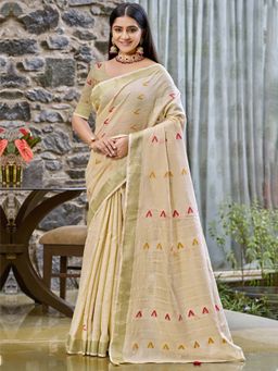 Sangam Prints - Beige Cotton Woven Tassels Work Saree with Unstitched Blouse