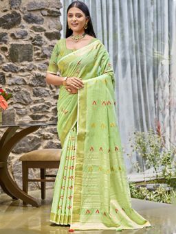 Sangam Prints - Light Green Cotton Woven Tassels Work Saree with Unstitched Blouse