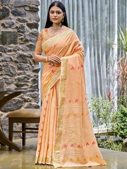 Sangam Prints - Peach Cotton Woven Tassels Work Saree with Unstitched Blouse