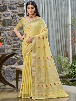 Sangam Prints - Yellow Cotton Woven Tassels Work Saree with Unstitched Blouse