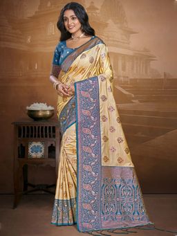 Sangam Prints - Blue and Beige Silk Woven Traditional Saree with Unstitched Blouse