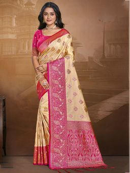 Sangam Prints - Pink and Beige Silk Woven Traditional Saree with Unstitched Blouse