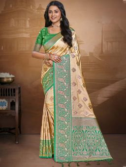 Sangam Prints - Green and Beige Silk Woven Traditional Saree with Unstitched Blouse