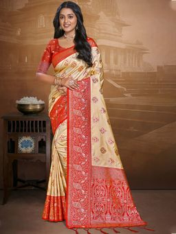 Sangam Prints - Red and Beige Silk Woven Traditional Saree with Unstitched Blouse