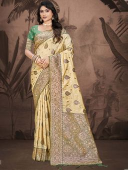 Sangam Prints - Olive and Beige Silk Woven Work Traditional Saree with Unstitched Blouse