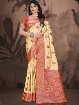 Sangam Prints - Red and Beige Silk Woven Work Traditional Saree with Unstitched Blouse