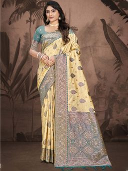 Sangam Prints - Teal and Beige Silk Woven Work Traditional Saree with Unstitched Blouse