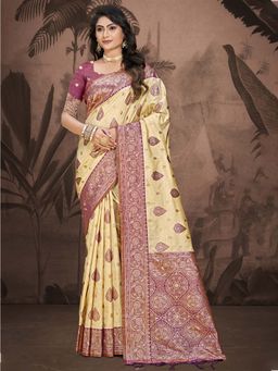 Sangam Prints - Wine and Beige Silk Woven Work Traditional Saree with Unstitched Blouse