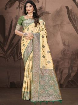 Sangam Prints - Green and Beige Silk Woven Work Traditional Saree with Unstitched Blouse