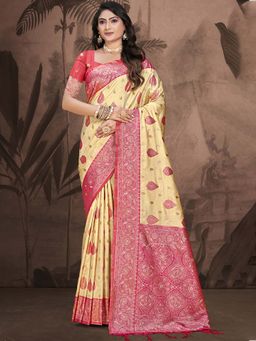 Sangam Prints - Pink and Beige Silk Woven Work Traditional Saree with Unstitched Blouse