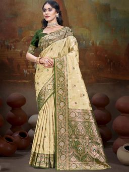 Sangam Prints - Olive and Beige Silk Woven Work Traditional Saree with Unstitched Blouse