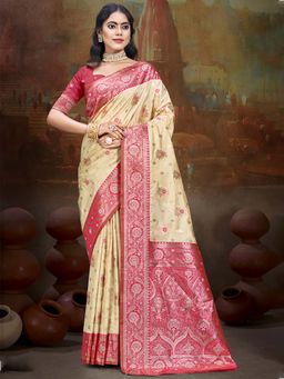 Sangam Prints - Pink and Beige Silk Woven Work Traditional Saree with Unstitched Blouse