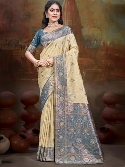 Sangam Prints - Blue and Beige Silk Woven Work Traditional Saree with Unstitched Blouse