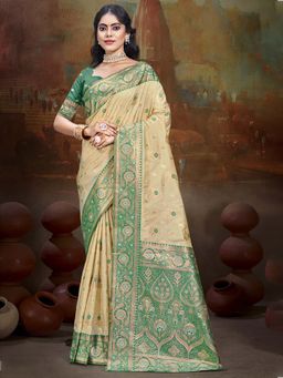 Sangam Prints - Green and Beige Silk Woven Work Traditional Saree with Unstitched Blouse