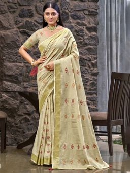 Sangam Prints - Light Green Linen Woven Work Traditional Saree with Unstitched Blouse