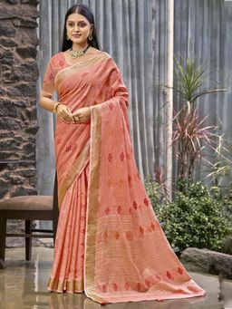 Sangam Prints - Peach Linen Woven Work Traditional Saree with Unstitched Blouse