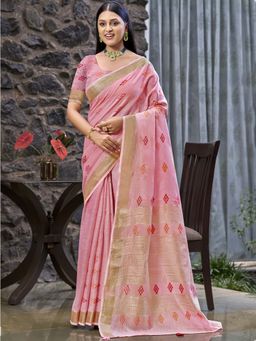 Sangam Prints - Pink Linen Woven Work Traditional Saree with Unstitched Blouse
