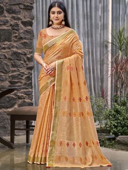 Sangam Prints - Light Orange Linen Woven Work Traditional Saree with Unstitched Blouse