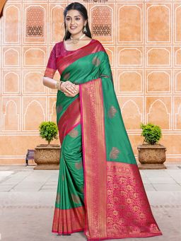 Sangam Prints - Green Silk Woven Work Traditional Saree with Unstitched Blouse