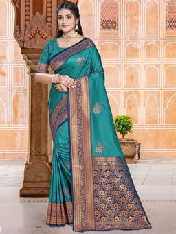 Sangam Prints - Teal Silk Woven Work Traditional Saree with Unstitched Blouse