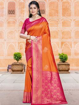Sangam Prints - Orange Silk Woven Work Traditional Saree with Unstitched Blouse
