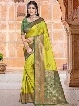 Sangam Prints - Parrot Green Silk Woven Work Traditional Saree with Unstitched Blouse