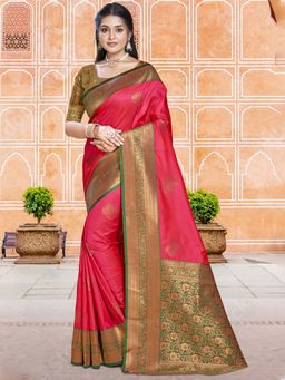 Sangam Prints - Dark Pink Silk Woven Work Traditional Saree with Unstitched Blouse