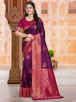 Sangam Prints - Wine Silk Woven Work Traditional Saree with Unstitched Blouse