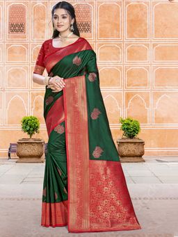Sangam Prints - Dark Green Silk Woven Work Traditional Saree with Unstitched Blouse