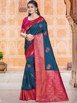 Sangam Prints - Navy Blue Silk Woven Work Traditional Saree with Unstitched Blouse