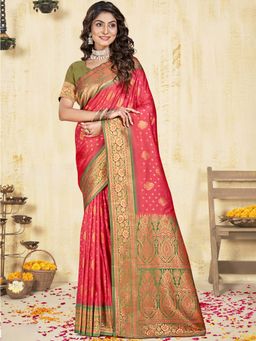 Sangam Prints - Pink Silk Woven Zari Work Traditional Saree with Unstitched Blouse