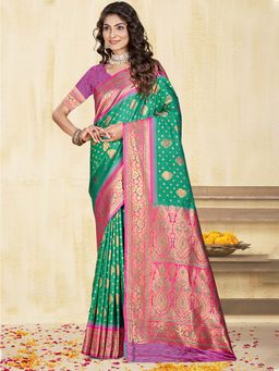 Sangam Prints - Teal Silk Woven Zari Work Traditional Saree with Unstitched Blouse