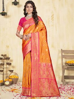 Sangam Prints - Orange Silk Woven Zari Work Traditional Saree with Unstitched Blouse