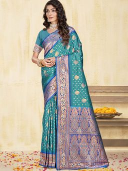 Sangam Prints - Sky Blue Silk Woven Zari Work Traditional Saree with Unstitched Blouse